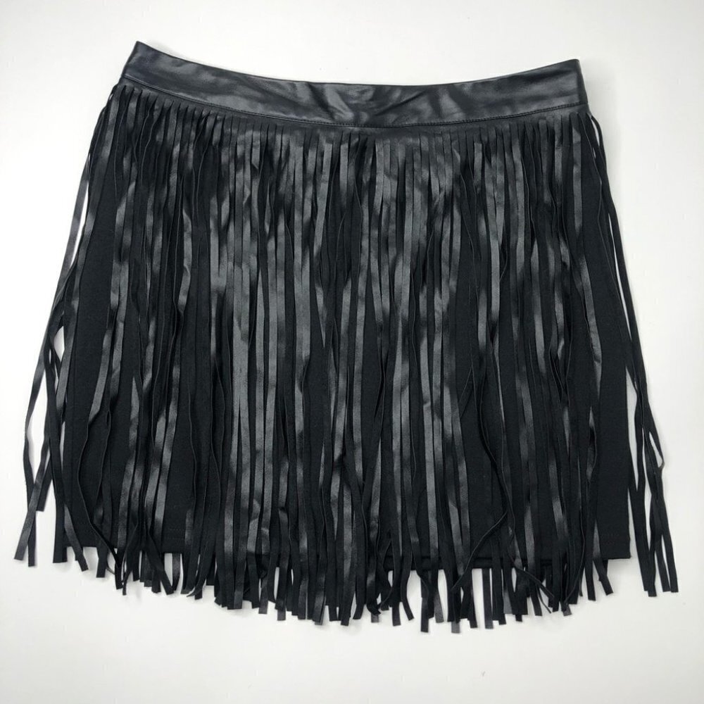 NEW Jenn Boho Vegan Leather Fringe Shiny Black Sexy Edgy Mini Skirt SIZE L